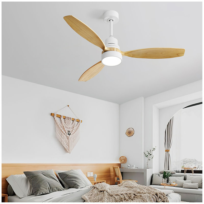 52 Inch Indoor Modern Ceiling Fan White 3 Solid Wood Blades Remote Control Reversible DC Motor With Led Light, Natural, White