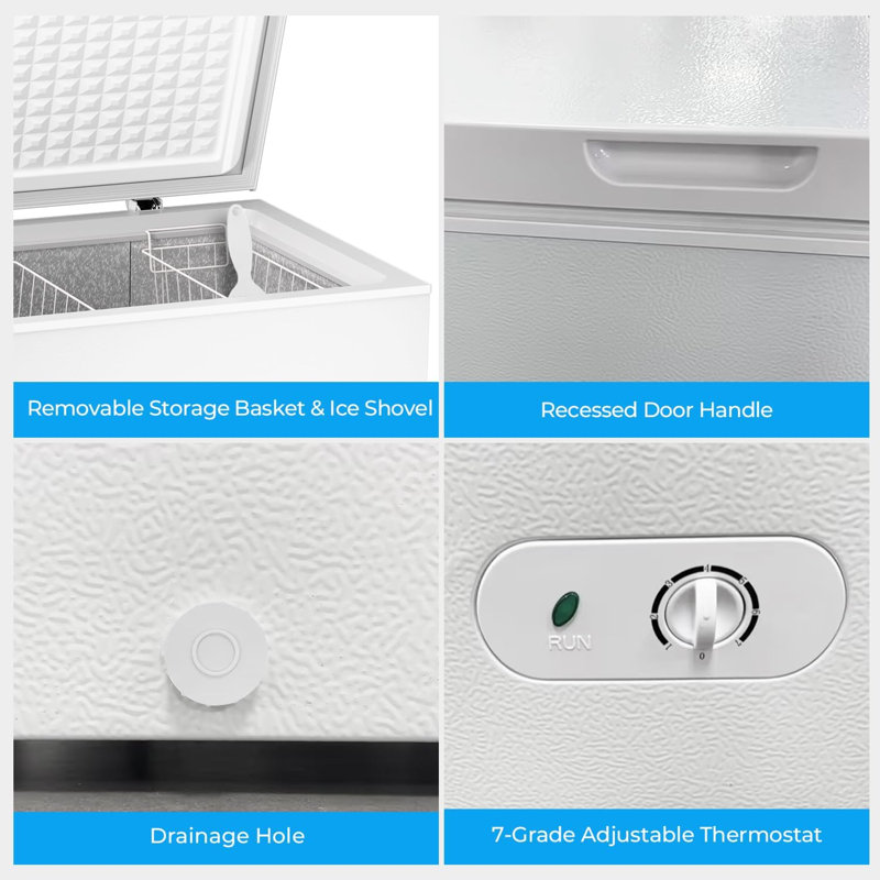 Cowsar Chest Freezer 10.0 Cubic Feet, White. Top Open Door with 3 Removable Baskets, 7 Level Adjustable Temperature, Ideal for Home, Dorm, Bar, Basement, and Kitchen.