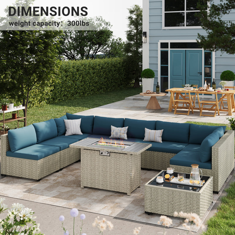 9 Pieces Design-Oriented Rattan Patio Conversation Sets With Fire Pit, Peacock Blue
