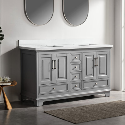 60'' Freestanding Bathroom Vanity, Fully Assembled, Solid Wood Frame, Soft Close System, High - Grade Engineered Marble, Gray, American Design, 282 Lb Weight Double Doors And Drawers,