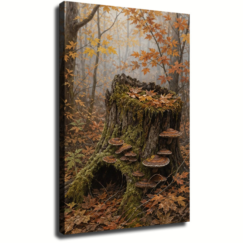 Scène de forêt d'automne brumeux avec souche d'arbre moussu, feuillage d'érable et champignon, art mural rétro sur toile pour la décoration intérieure