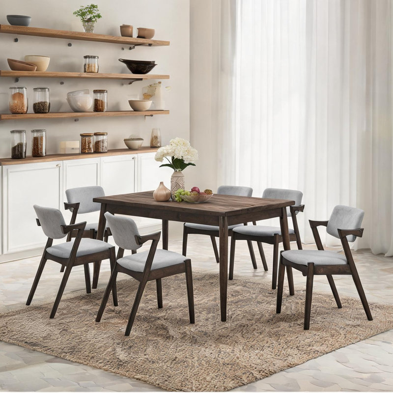 Ensemble de salle à manger 7 pièces en bois avec 6 chaises rembourrées, table rectangulaire, brun