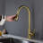 Single Handle Kitchen Sink Faucet In Brushed Gold With Pull Down , Stainless Steel Material, 360 Rotating High - Arc Nozzle, Lever For Water Temperature And Flow Control, Corrosion Surface, Aerators-905209117
