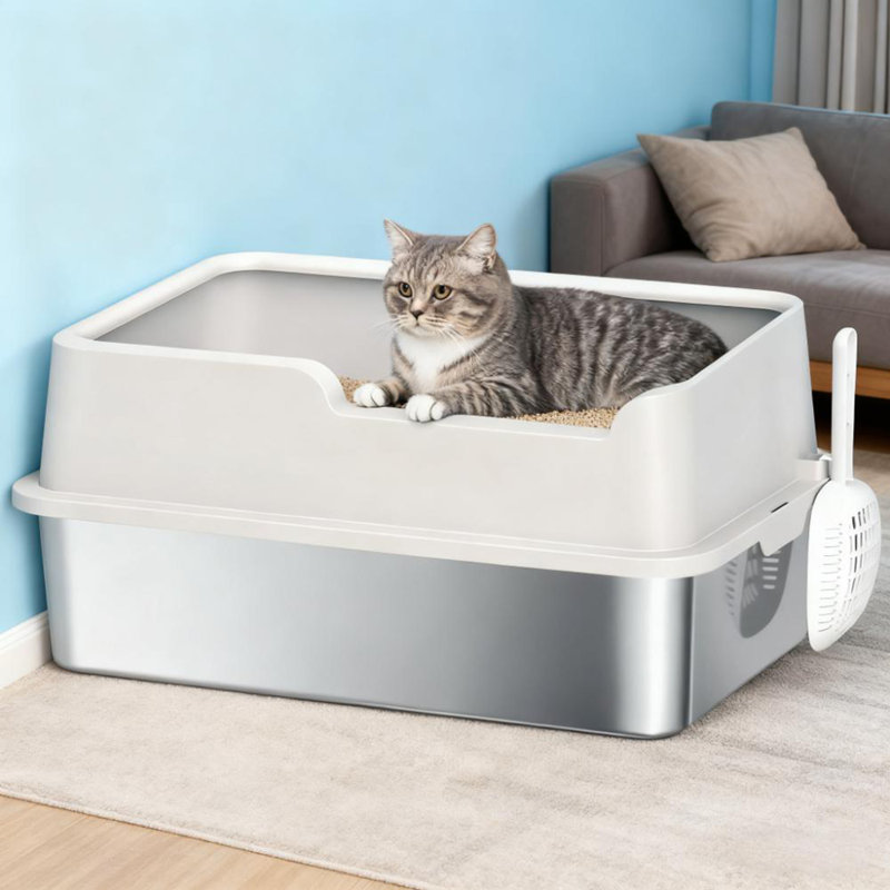Ensemble de bac à litière et pelle pour grands chats en acier inoxydable High-Side