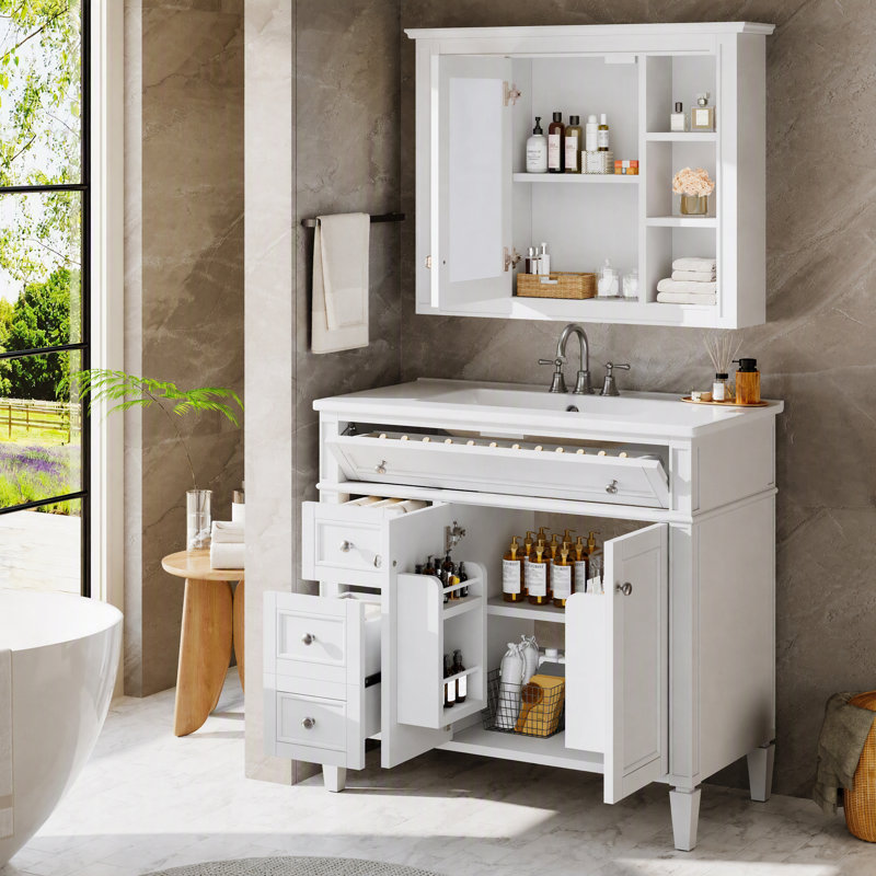 Ensemble de vanité de salle de bain de 91 cm avec lavabo en céramique et armoire à miroir de 89 cm