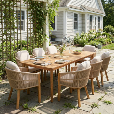 Ensemble de salle à manger d'extérieur moderne en bois d'acacia de style scandinave pour 8 personnes avec chaises tissées à la corde Samir