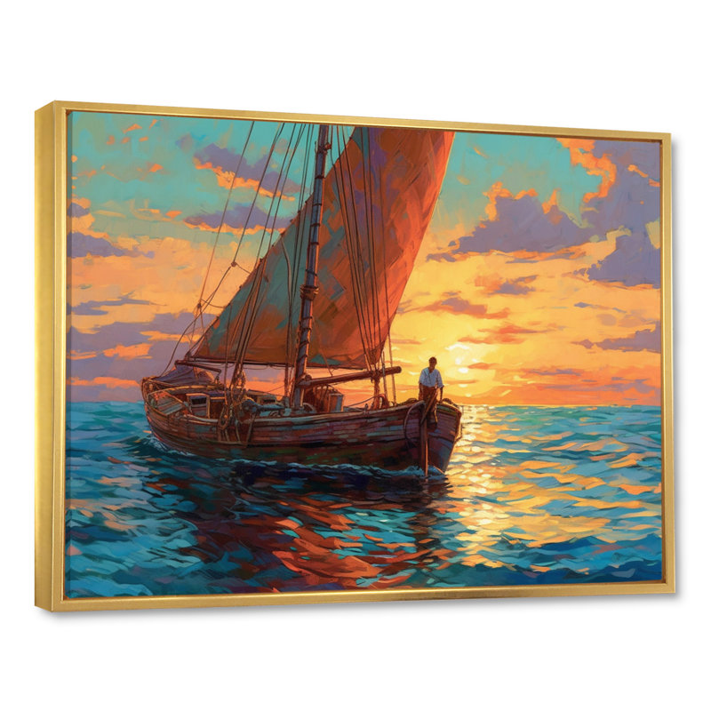 Voilier en mer sur toile, H 24 po x l 32 po x P 1 po, Cadre flottant doré