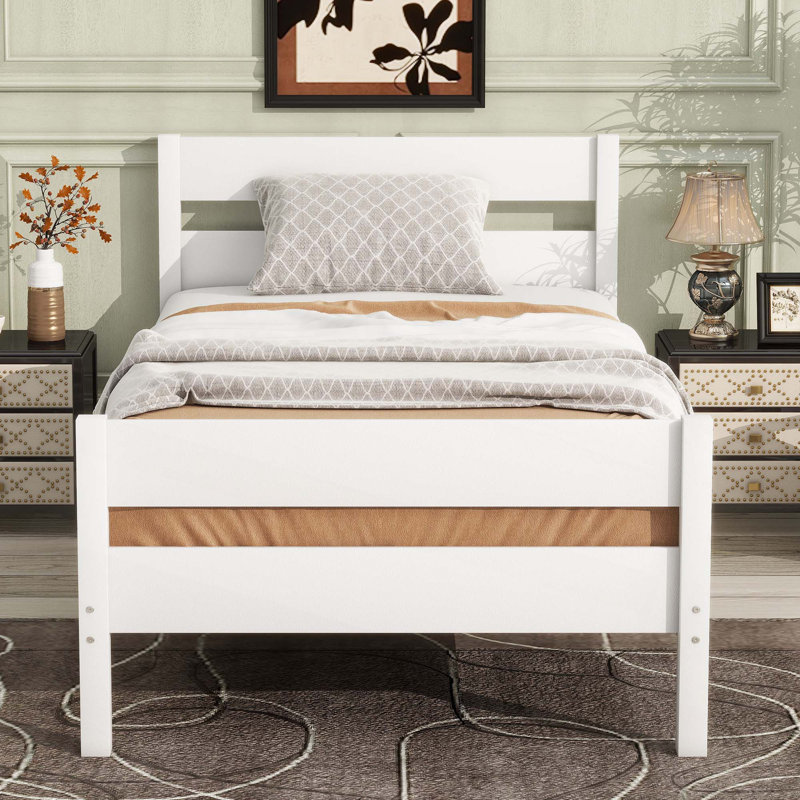 Lit simple avec tête et pied de lit, lit en bois d'hévéa, Blanc