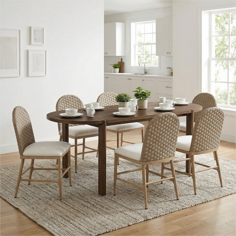 Ensemble de salle à manger 7 pièces ovale avec table en bois brun et chaises en rotin beige, 6 places, 71 pouces, noyer