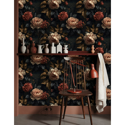 Dark Floral Wallpaper Vintage Blossom Peel And Stick Dramatic Wall Mural