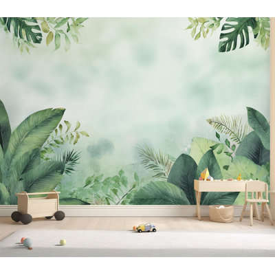 Wall Mural Peel and Stick Wallpaper Abstract watercolor green jungle plants border for children Self-Adhesive Removable Contact Paper Wall Decor for Living Room Bedroom 69"H x 96"W