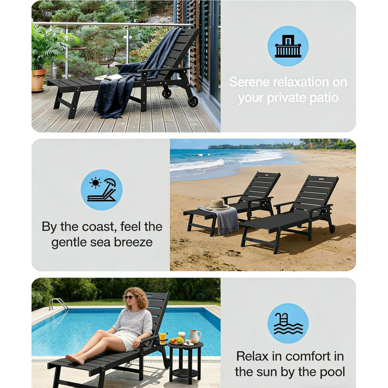 All-Weather HIPS Outdoor Patio Chaise Lounge Chair with 5 Positions Set of 2, Easy Installation Patio Chaise Lounger with Wide Arms & Rotating Cup Holders & Smooth Bearing Wheels for Pool/Poolside/Beach/Deck/Patio/Backyard, Black(set of 2)