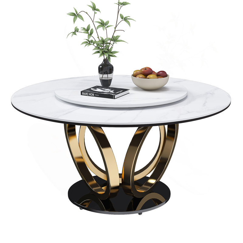 Table de salle à manger ronde 53 po 53 po avec plateau tournant à 360 ° lisse et résistant aux taches et à la chaleur, design minimaliste moderne pour la salle à manger, la cuisine, le coin-repas et l'espace compact (table seulement)
