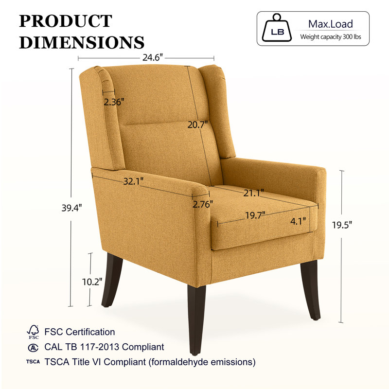 Fauteuil d'appoint rembourré en polyester à haut dossier avec ressorts à arc, Jaune