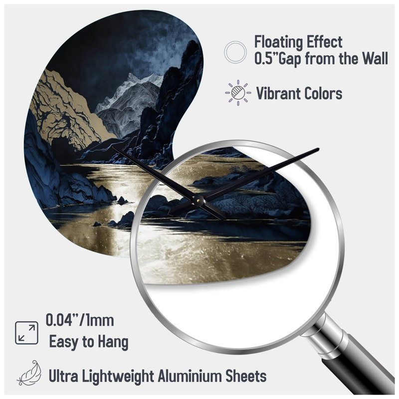 Gold Frosted River And Mountain III - Boom Shape Large Forest River Mountains 3D Wall Clock, Small