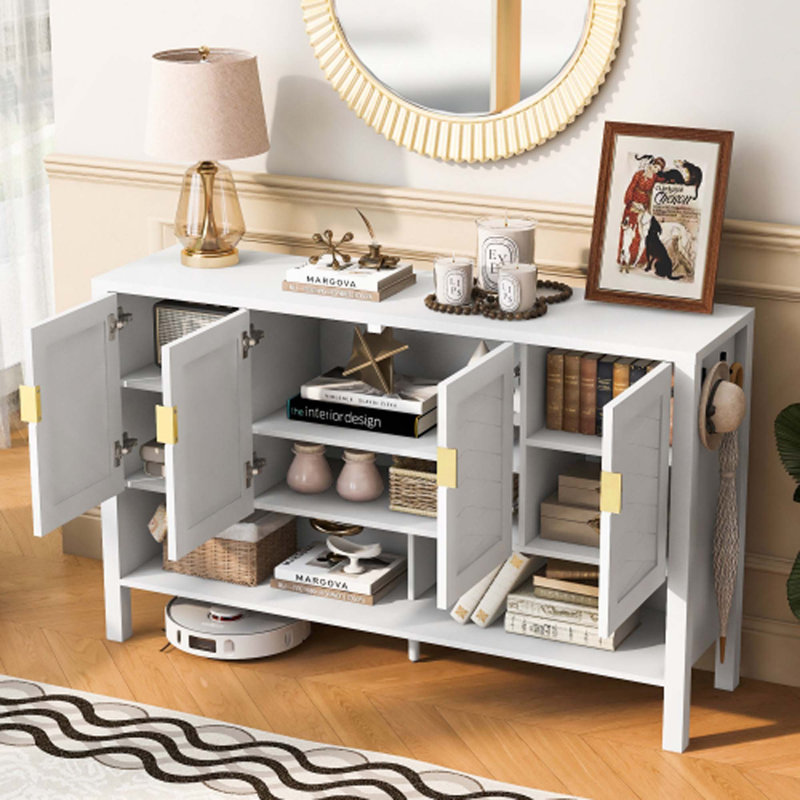 Buffet moderne et multifonctionnel avec tablettes réglables, quatre portes et crochets double face pour le salon, la salle à manger et le bureau