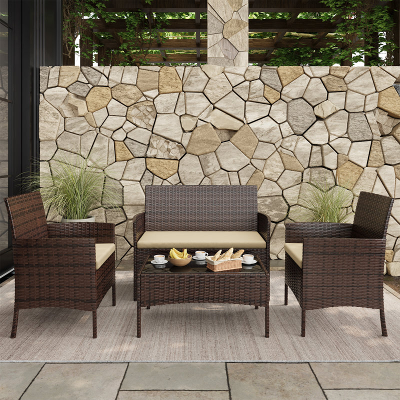 Ensemble de conversation d'extérieur en osier pour 4 personnes avec coussins et table basse, Beige