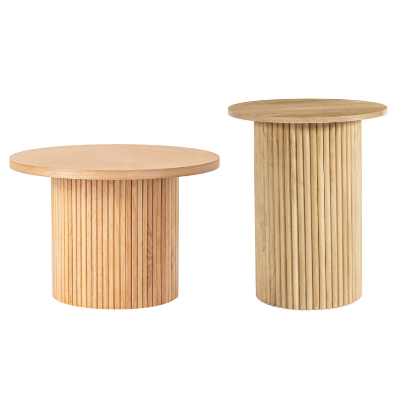 Natural Solid Wood 2-Piece Round Set – Pedestal End & Coffee Table, 17.72"H x 35.43"L x 35.43"W
