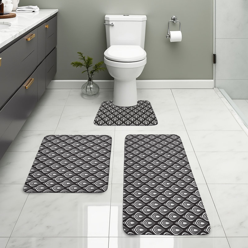  Ensemble de tapis de salle de bain Ethnique 3 pièces en U et tapis rectangulaires noir et blanc