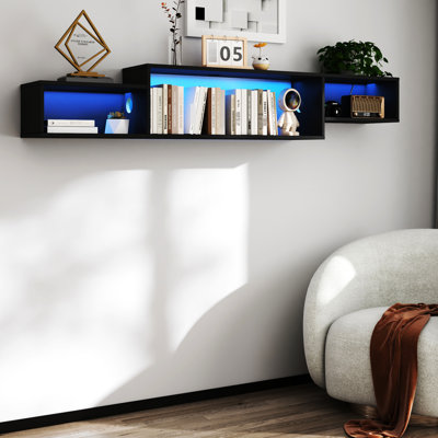 Wall Mounted Floating Tv Bracket With 20 Color And Charging Dock, 65.4In, For 50-59 Inch Tvs, Black 65.4In Console & Socket, Space Saving, Suits 50 - 59