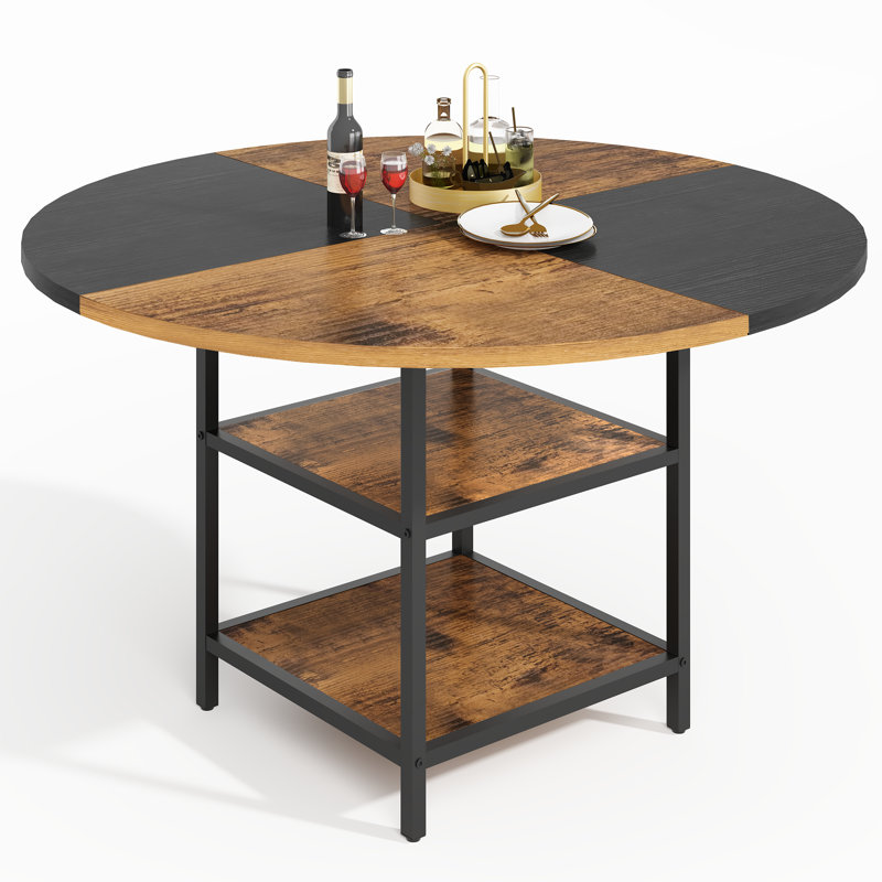 Manresa Round Dining Table for 4-6, Round Dining Table with Storage, Dark Brown Wood/Black