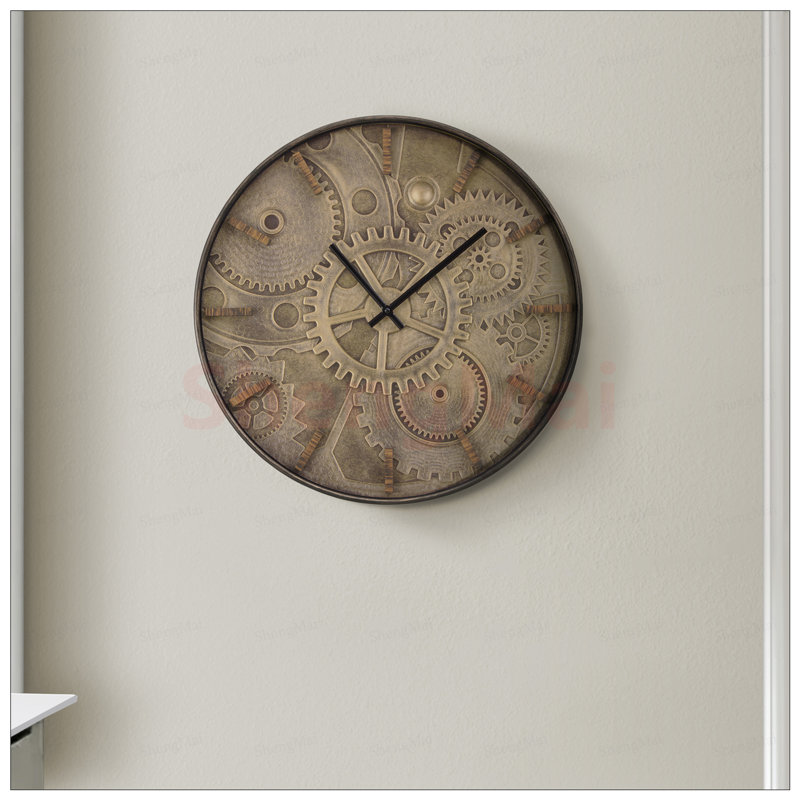 Horloge murale ronde de 20 pouces de style vintage avec engrenages imprimés, cadre en plastique de haute qualité et mouvement à quartz pour un affichage précis de l'heure