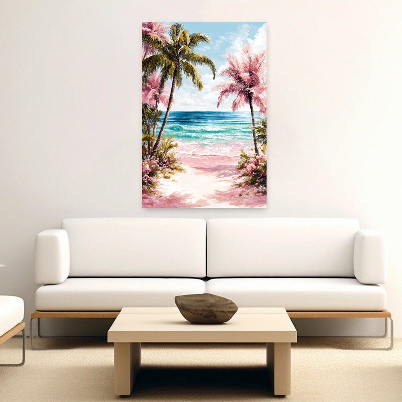 Art mural côtier tropical de plage rose, 60" H x 40" W