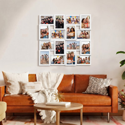 Cadre de montage mural à 16 fentes intégrées décalées, cadre en PVC noir mat une pièce pour photos instantanées 4 x 6, blanc