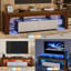 Meuble télé moderne, en bois d'ingénierie avec éclairage DEL, 2 tiroirs et tablettes ouvertes, s'adapte aux téléviseurs jusqu'à 70 po, finition noyer pour le salon ou la chambre à coucher-1957897654