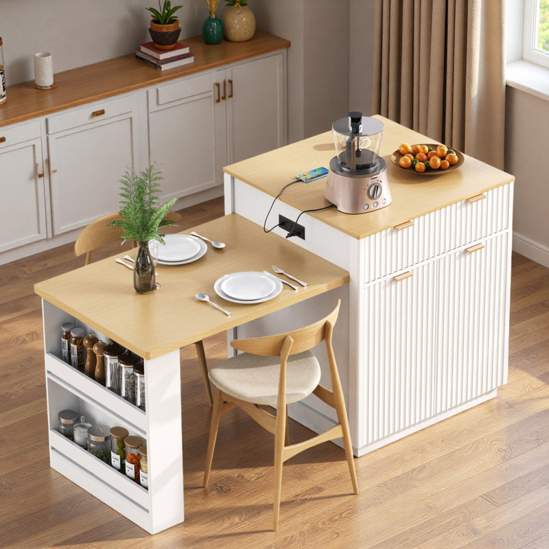 Fluted Kitchen Island With Extendable Dining Table, Power Outlet,  Double-side Storage, 2 Drawers And 2 Side Open Shelves
