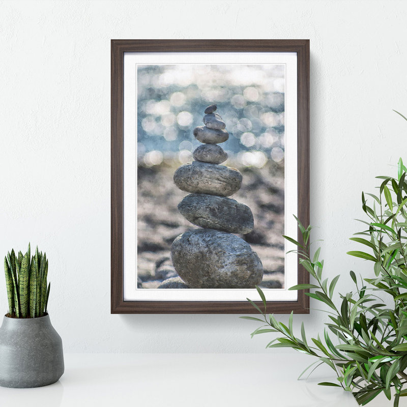 Stacked Zen Stones Painting - Framed Print, Walnut Framed, 87cm H x 62cm W x 2cm D