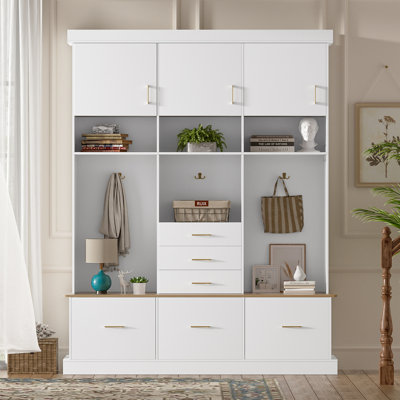 Arbre d'entrée avec banc et rangement, organisateur moderne 5-en-1 avec portemanteau, tiroirs, armoires et tablettes pour une utilisation polyvalente