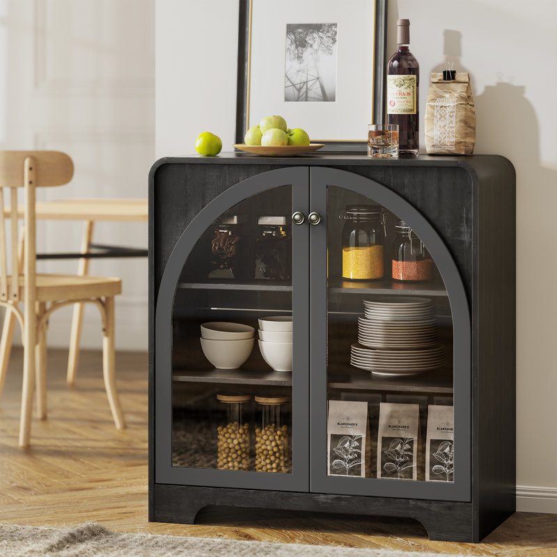 31.5" Sideboard Buffet Cabinet With 2 Arched Glass Doors Storage, Console Table Coffee Bar for Kitchen Living Room Hallway, Black