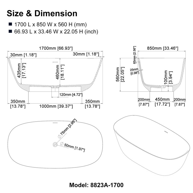 67'' x 33.46'' Soaking Solid Surface Bathtub