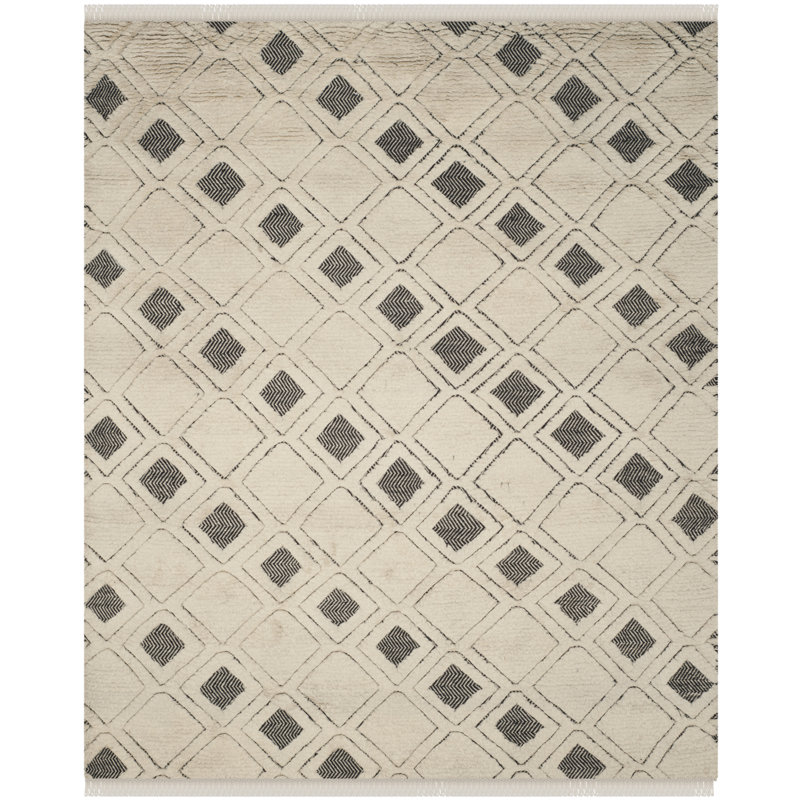 Tapis géométrique ivoire / noir en laine tissé à plat à la main Amarina, Rectangle 8 pi x 10 pi