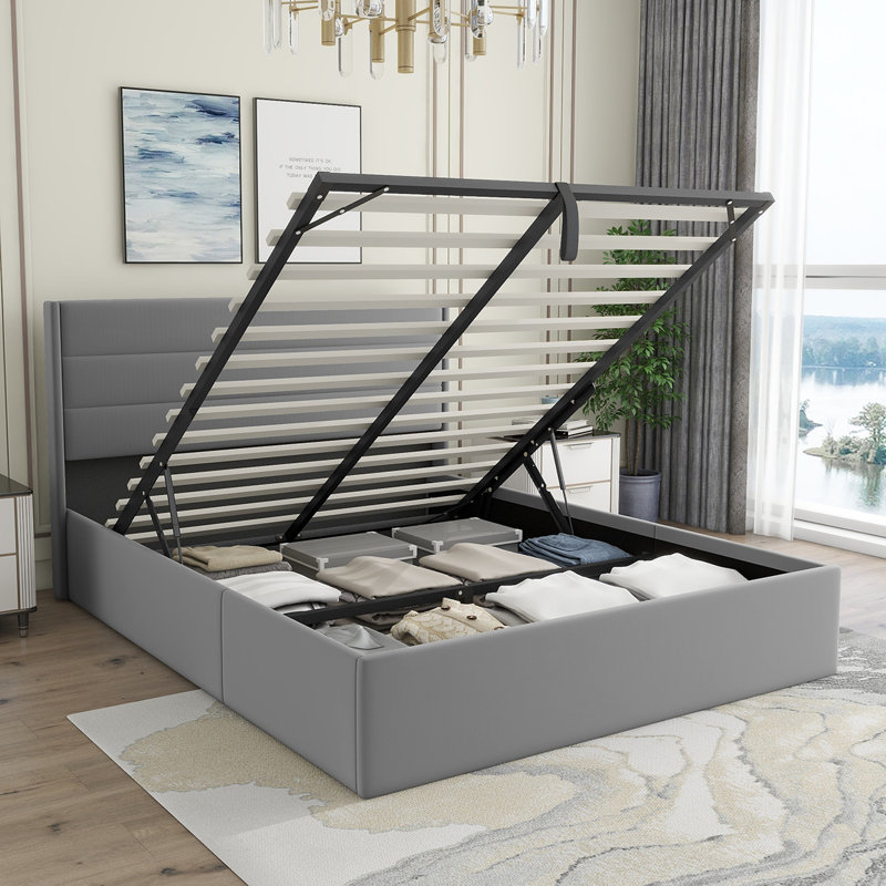 Full Gray Velvet Upholstered Storage Bed with Tufted Headboard