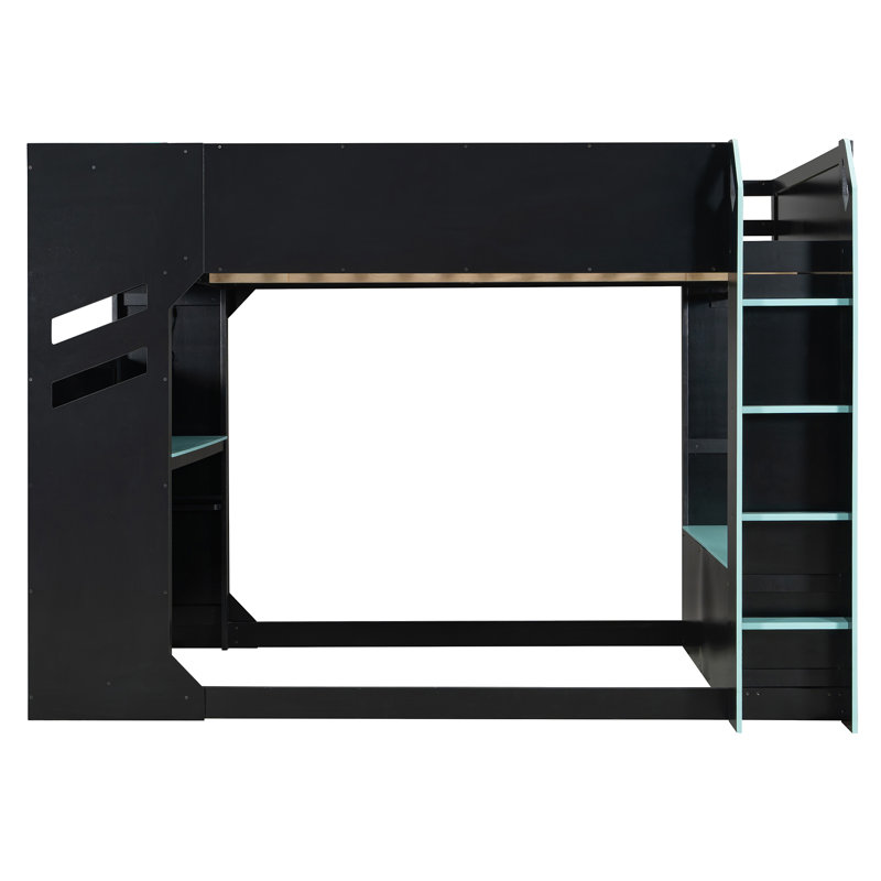 Lit mezzanine en bois avec bureau à hauteur réglable, Bleu