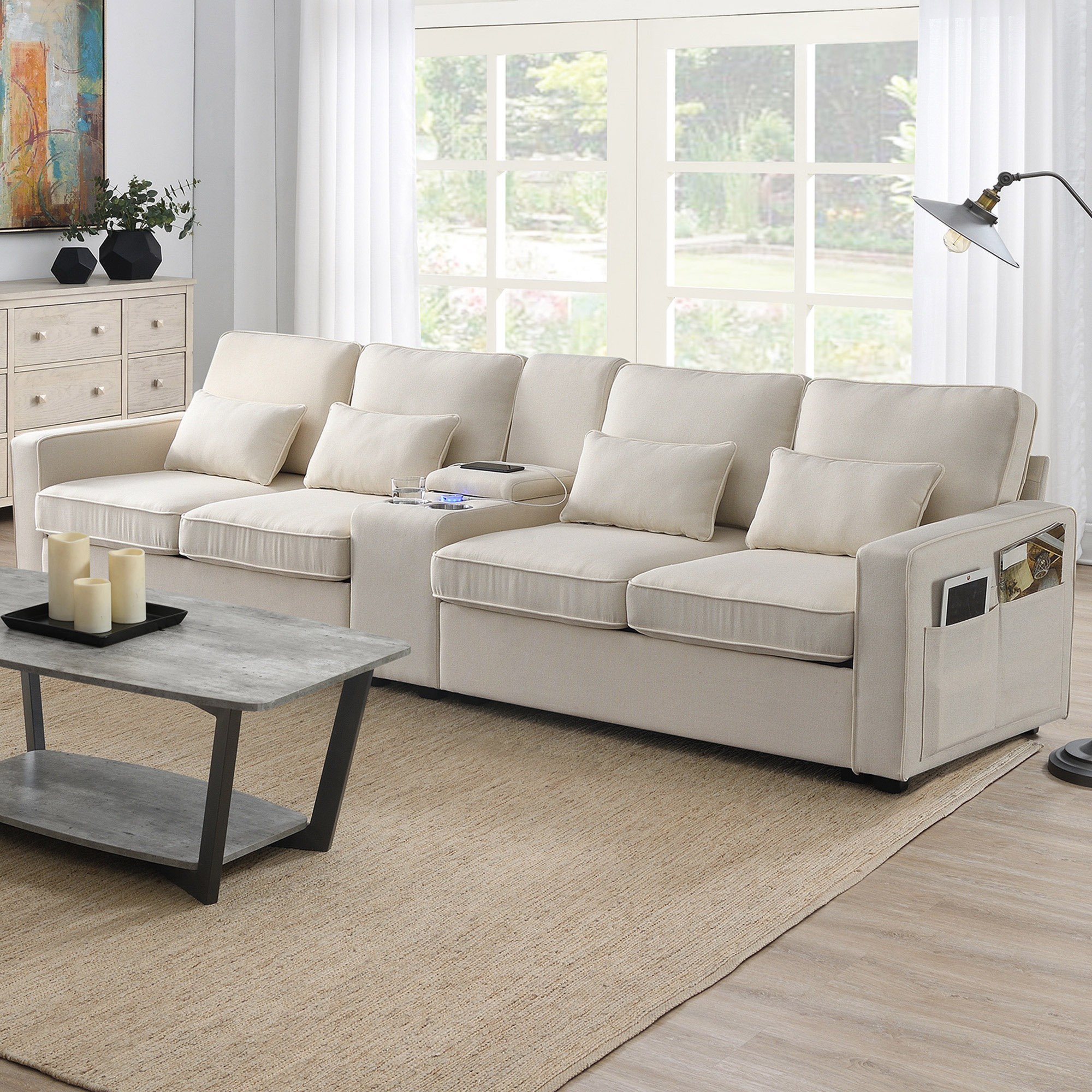 HomeViewto Modern Linen Fabric Couches With 4 Pillows For Living Room