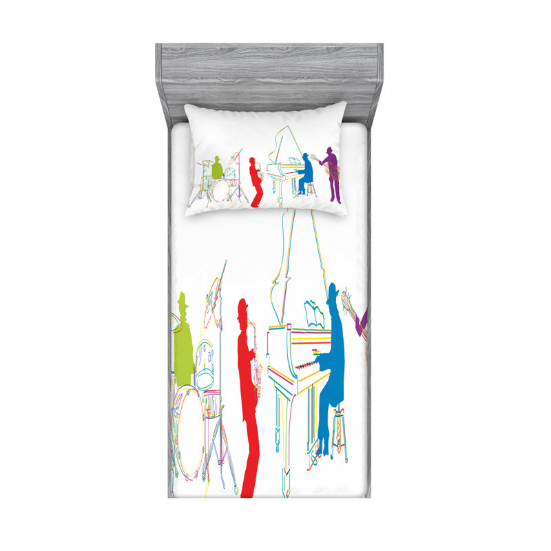 Twin White Microfiber Kids Jazz Band Print Sheet Set