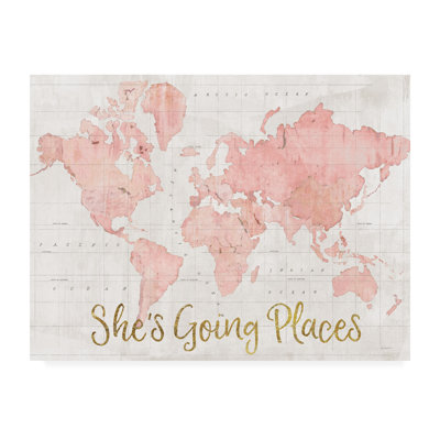  Art mural sur toile tendue - "Across The World Shes Going Places Pink" de Sue Schlabach pour décoration de salon, de chambre à coucher ou de bureau - 14 x 19