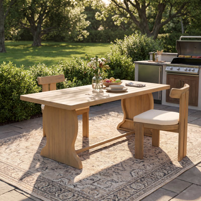Table de salle à manger d'extérieur en bois d'acacia de style moderne 70 po Aveline avec plateau à lattes et base en tréteaux