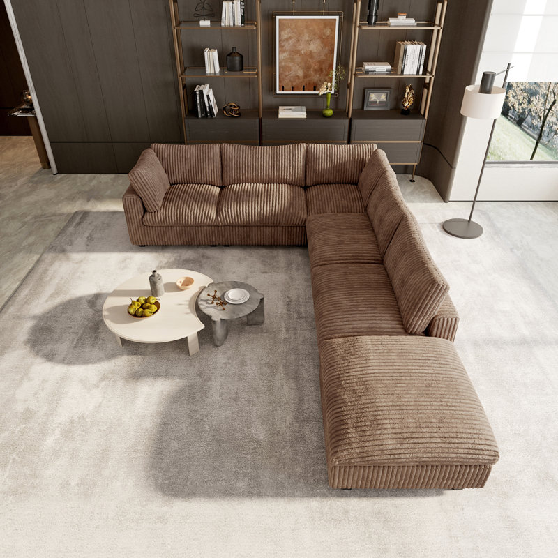 Upholstered Sectional, Brown Faux Fur