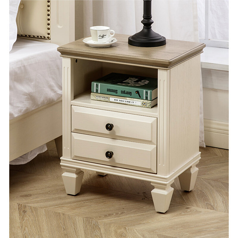 Table de chevet en chêne rouge de style américain, avec deux tiroirs et tablettes ouvertes, pouvant être utilisée dans la chambre à coucher