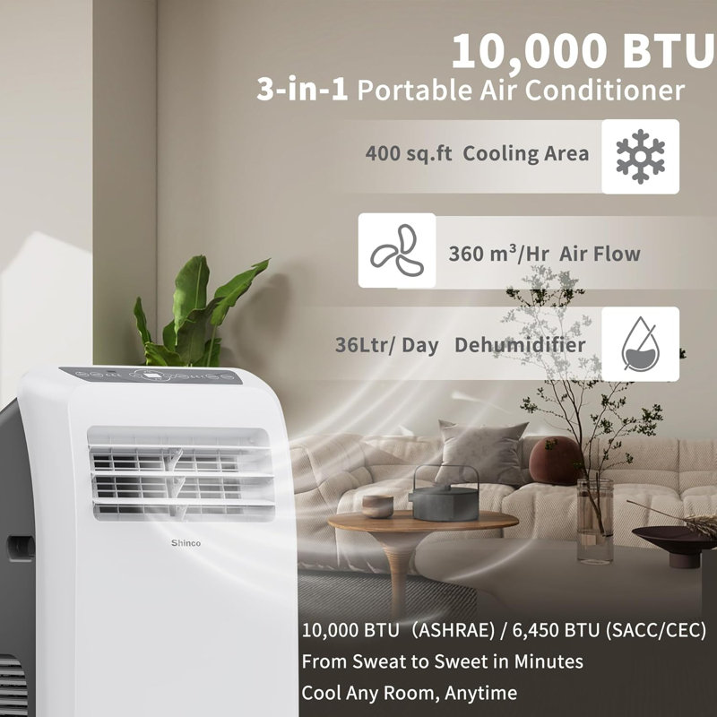 Shinco 10,000 BTU(ASHRAE) Portable Air Conditioner(Copper Tube) - 3-in-1 Cool/Dehumidifier/Fan for Rooms Up to 400 sq.ft, Remote Control & 24H Timer, Compact AC Unit for Bedroom/Office, White