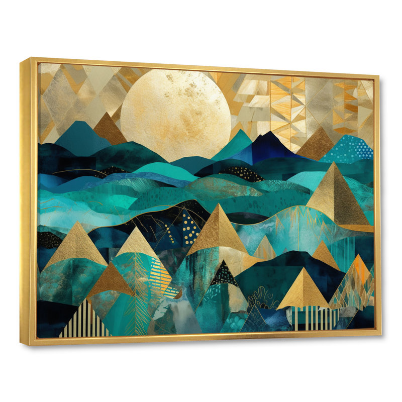 «Tuquoise and Gold Landscape In Symmetry», reproduction d'art sur toile, H 30 po x l 40 po x P 1,5 po, Cadre flottant doré