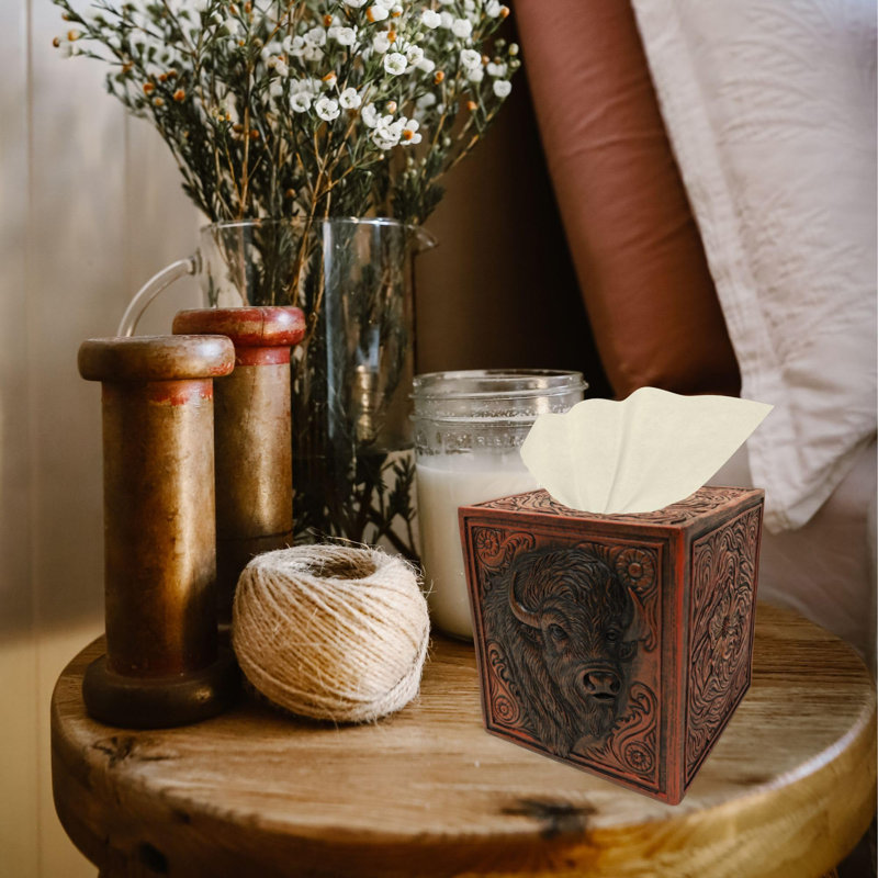 Couvercle de boîte à mouchoirs en résine avec motif en faux cuir et buste de bison - décor rustique du sud-ouest