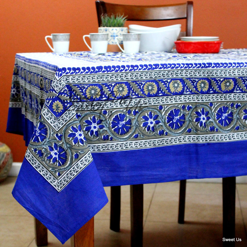 Floral Enchantment Rectangle Floral Cotton Tablecloth, Blue, 104''L x 70''W
