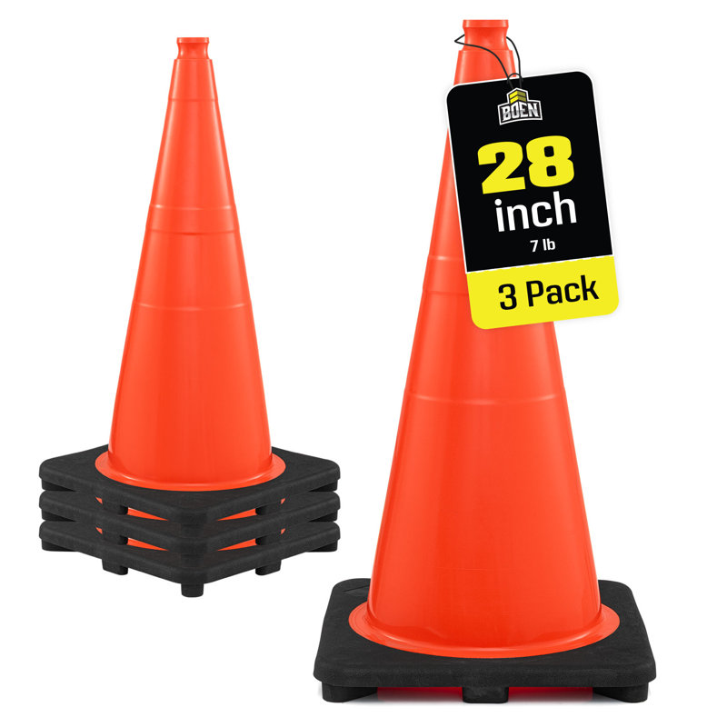 Cônes de signalisation orange Boen de 71 cm (28 po), paquet de 3, cônes de sécurité haute visibilité avec base de 3,2 kg (7 lb) pour le stationnement, les travaux routiers et la signalisation routière.
