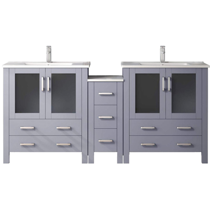 72 po W Double meuble-lavabo gris foncé, armoire latérale, comptoir en céramique blanche, robinet, tiroirs et armoires à fermeture en douceur, deux meubles de rangement à l'épreuve des égratignures, largeur, finition grise,
