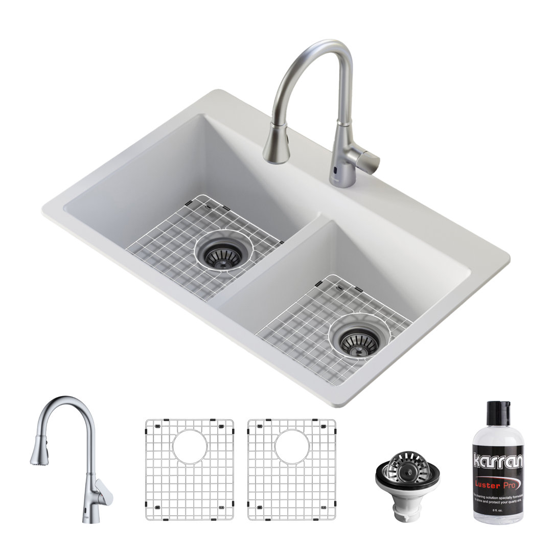 Karran Quartz 33'' X 22'' 50/50 Double Bowl Drop-in Kitchen Sink With Faucet Karran Faucet 